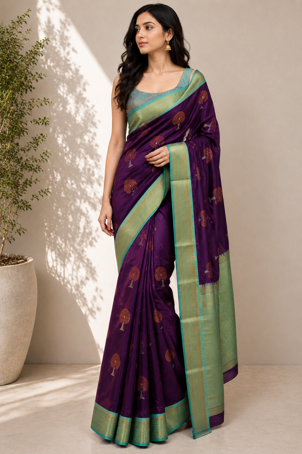 NAVILU Ayodya Kota Silk – Violet with pink Copper Zari