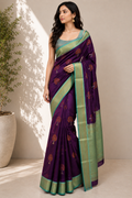 NAVILU Ayodya Kota Silk – Violet with pink Copper Zari