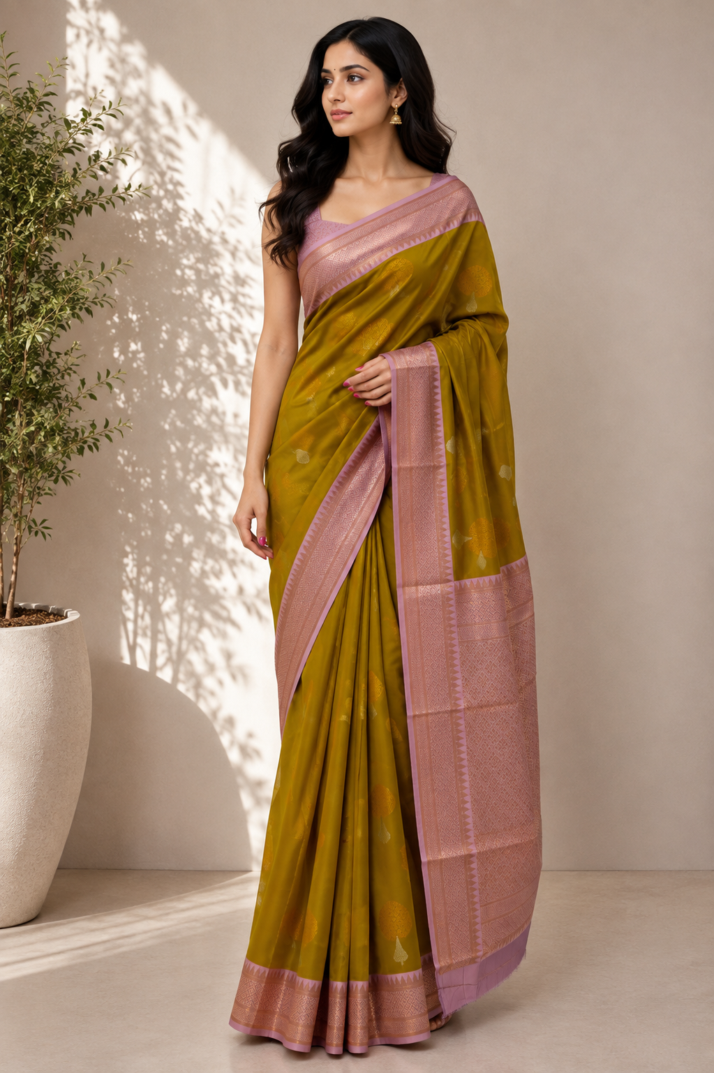 NAVILU Ayodya Kota Silk – Mustard with Pink Copper Zari