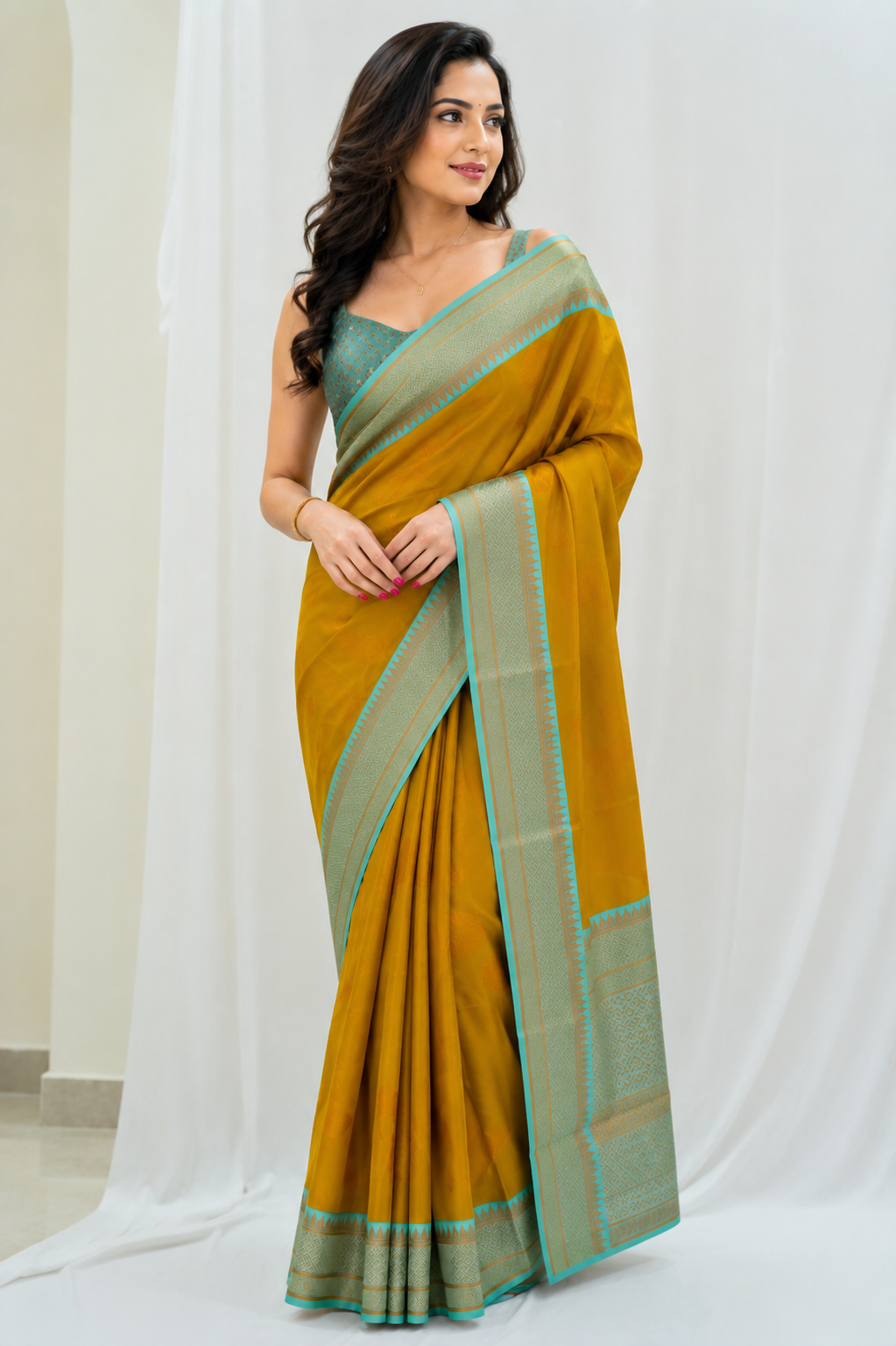 NAVILU Ayodya Kota Silk – Mustard yellow with Rexona Copper Zari