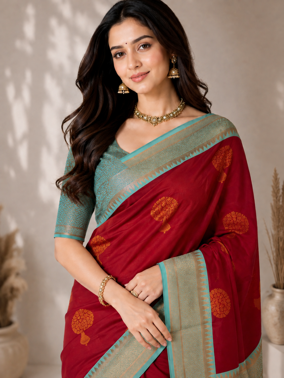 NAVILU Ayodya Kota Silk – Red with Rexona Copper Zari