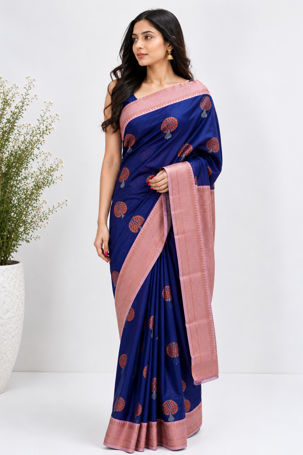 NAVILU Ayodya Kota Silk – Blue with Pink Copper Zari
