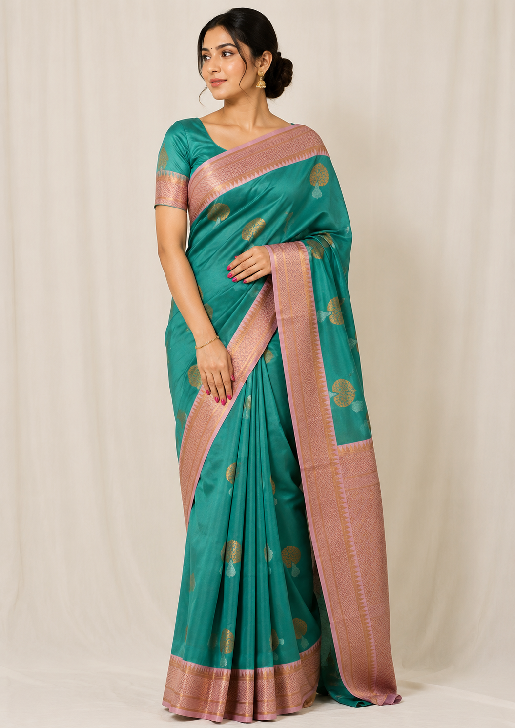 NAVILU Ayodya Kota Silk – Blue with Baby pink with Copper Zari