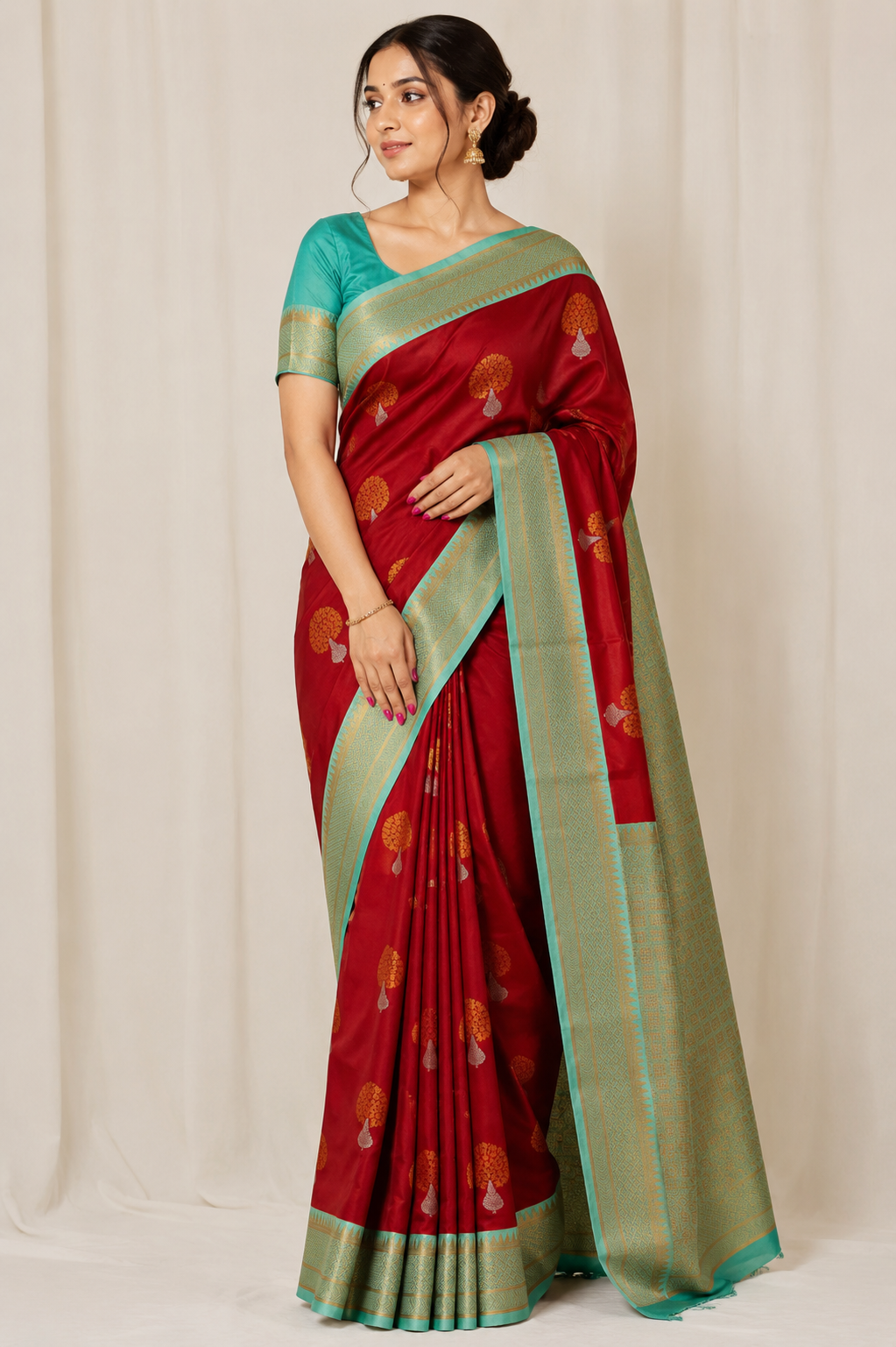 NAVILU Ayodya Kota Silk – Red with rexona with Copper Zari