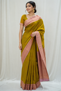NAVILU Ayodya Kota Silk – Mustard yellow with Pink Copper Zari