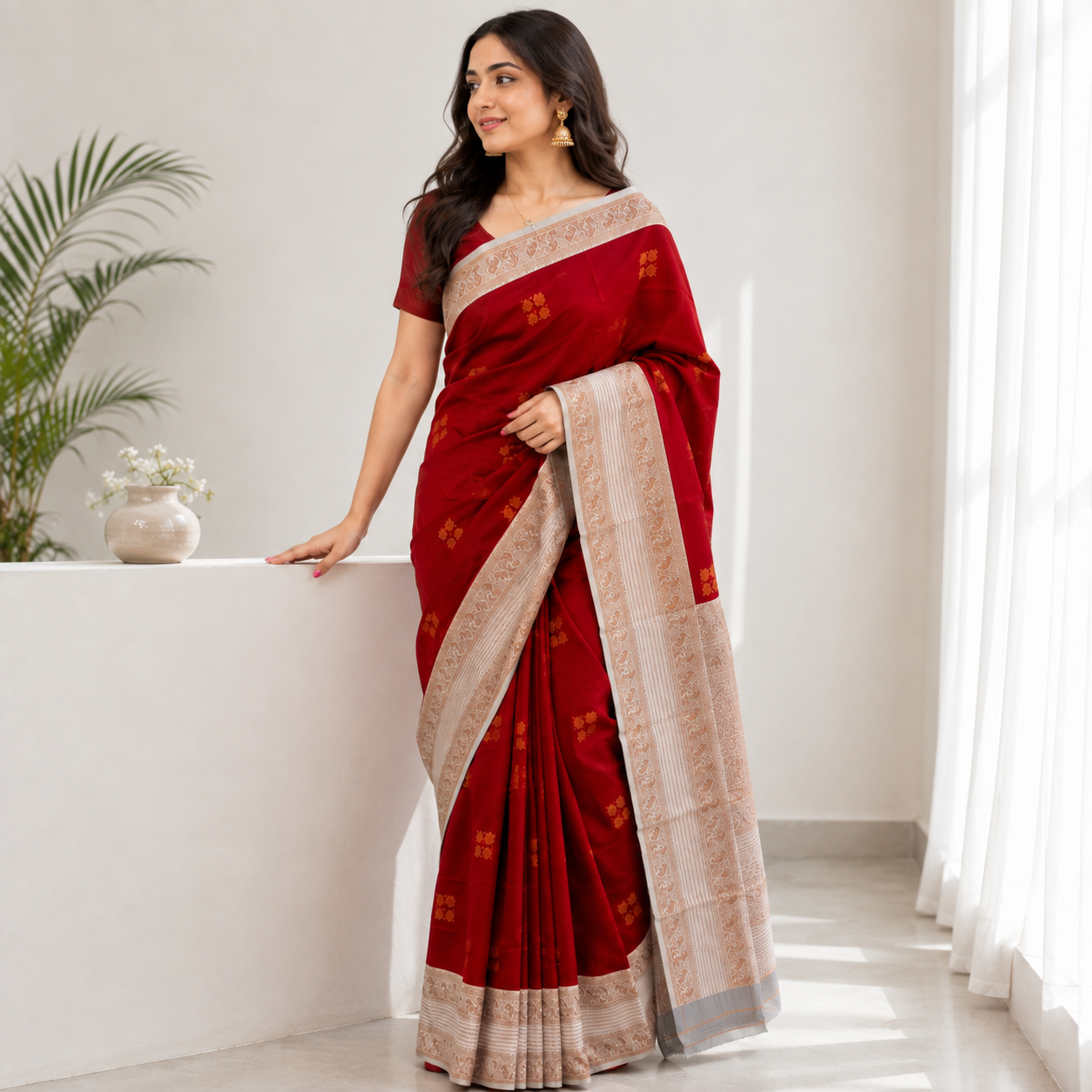 SUMA Ayodya Kota Silk – Red with White Copper Zari