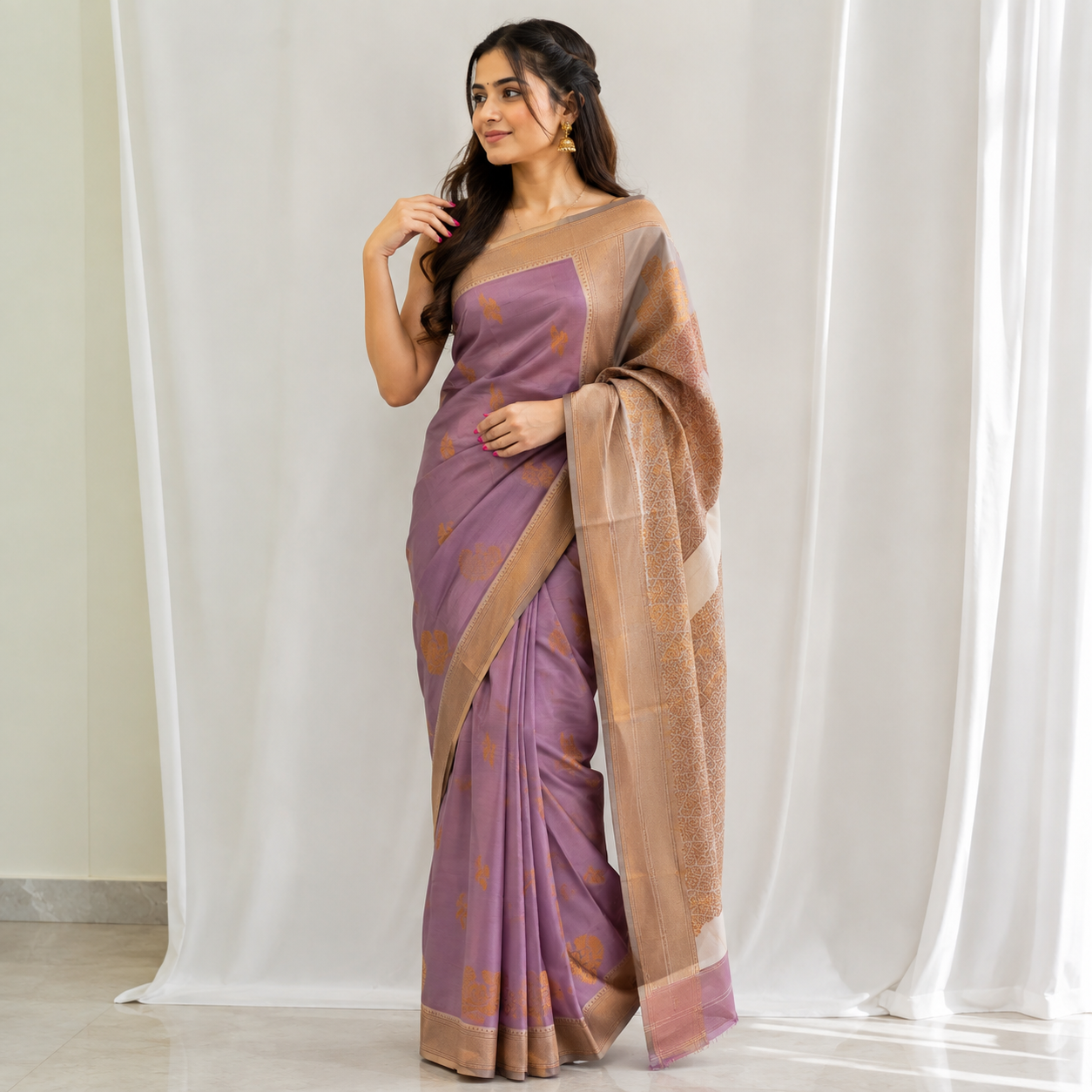 HAMSA Ayodya Kota Silk – Pink with White Copper Zari