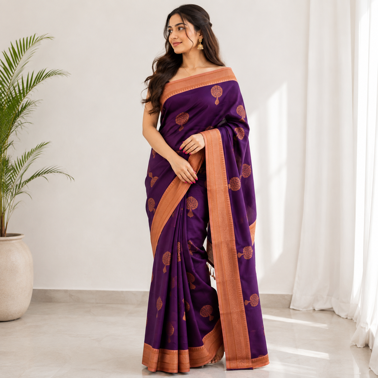 NAVILU Ayodya Kota Silk – Violet with Gold Copper Zari