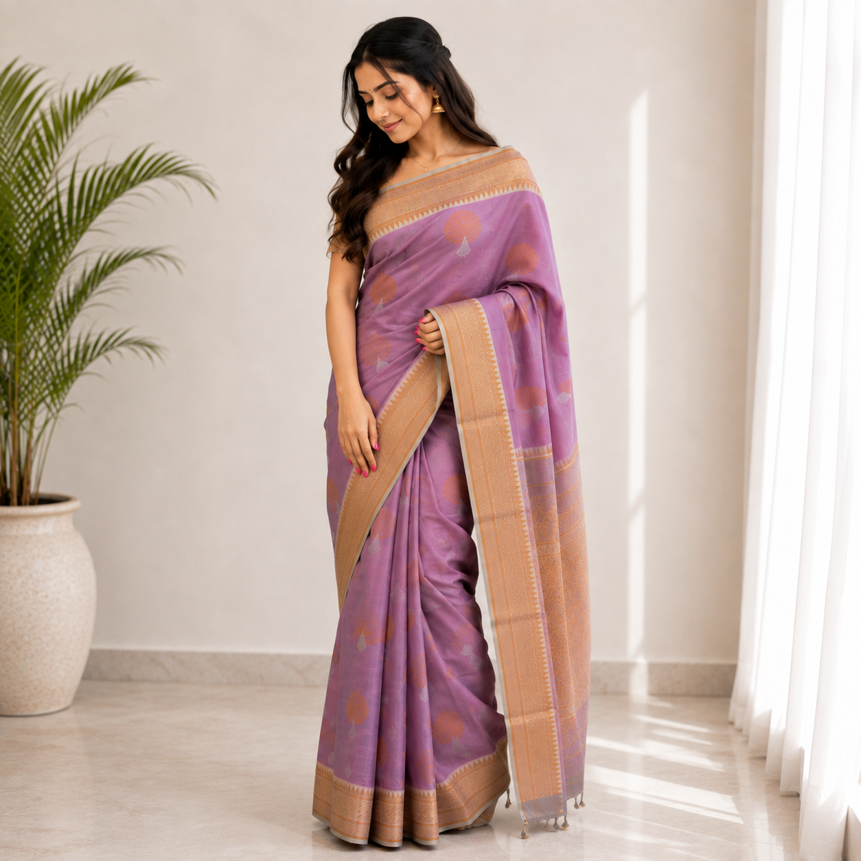 NAVILU Ayodya Kota Silk – Pink with White Copper Zari