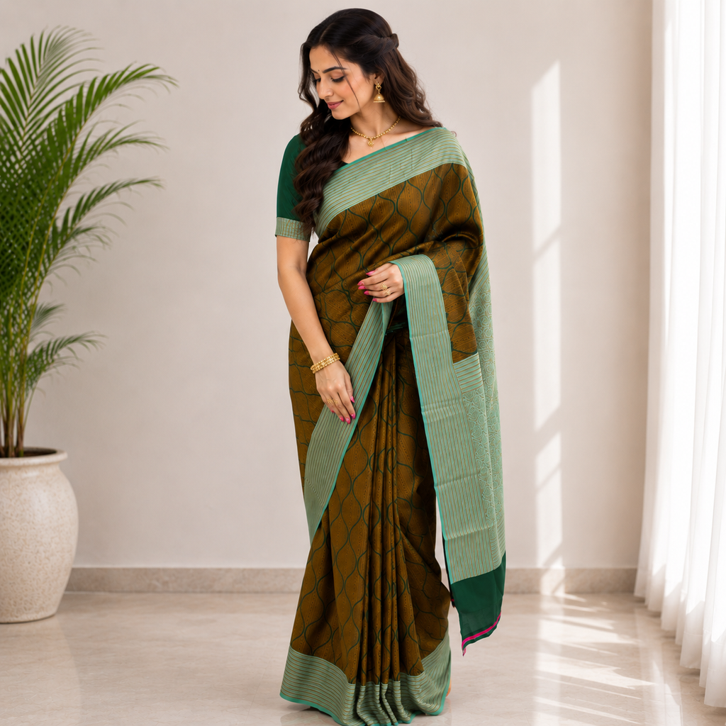 TARINI Ayodya Kota Silk – Dark green with Rexona with Copper Zari