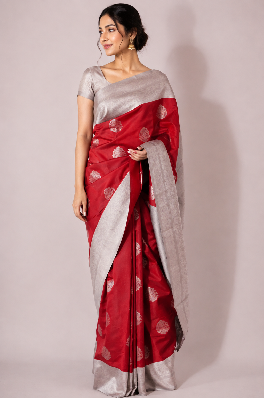 TARA Ayodya Kota Silk  – Red White with Silver Zari