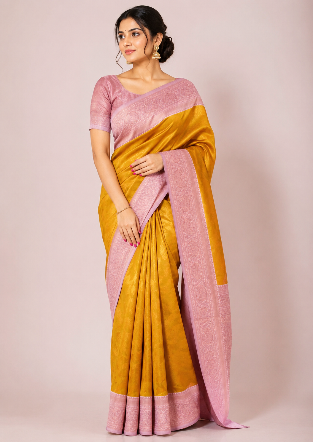 PARI Ayodya Kota Silk  – Mustard Baby Pink with Copper Zari