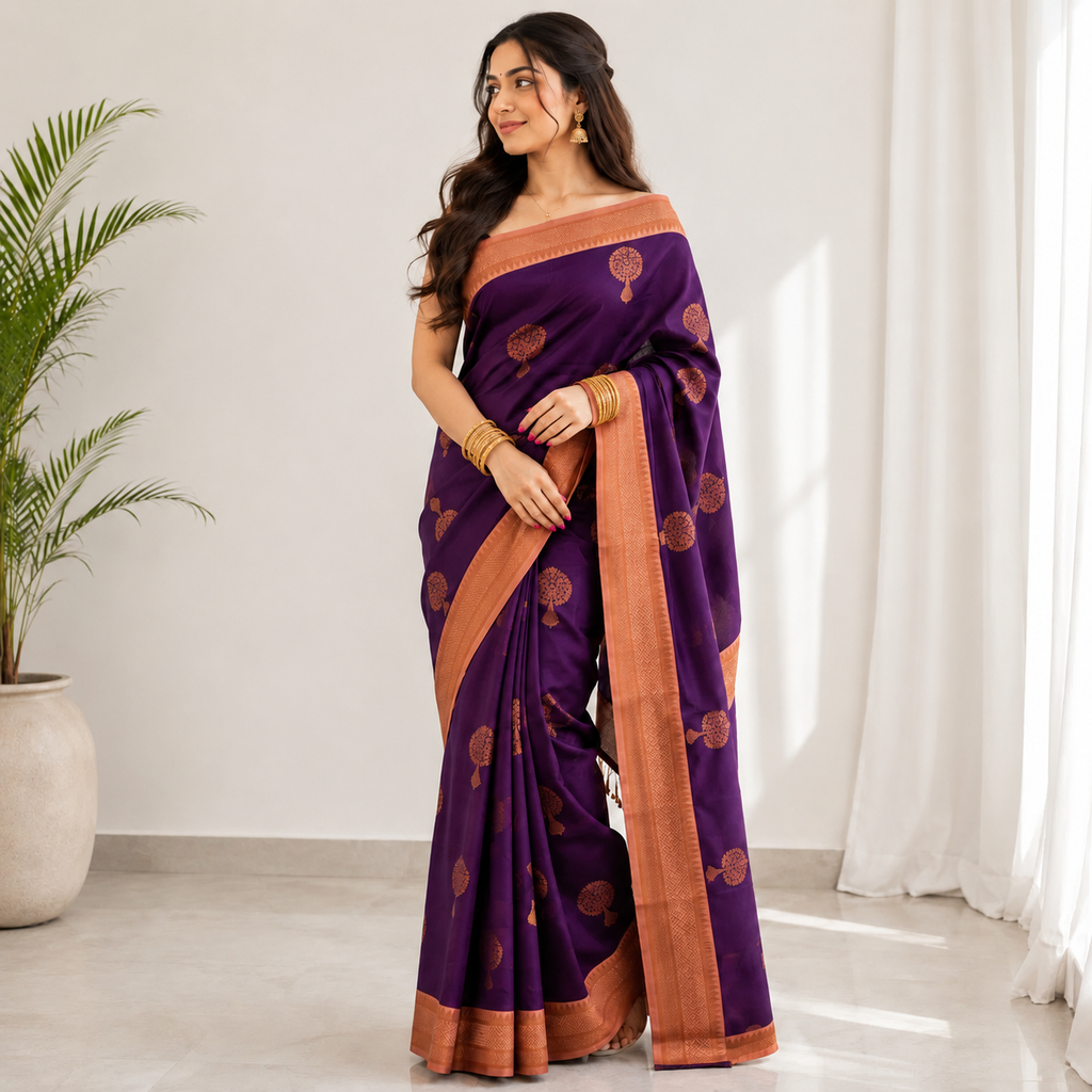 NAVILU Ayodya Kota Silk – Violet with Gold Copper Zari