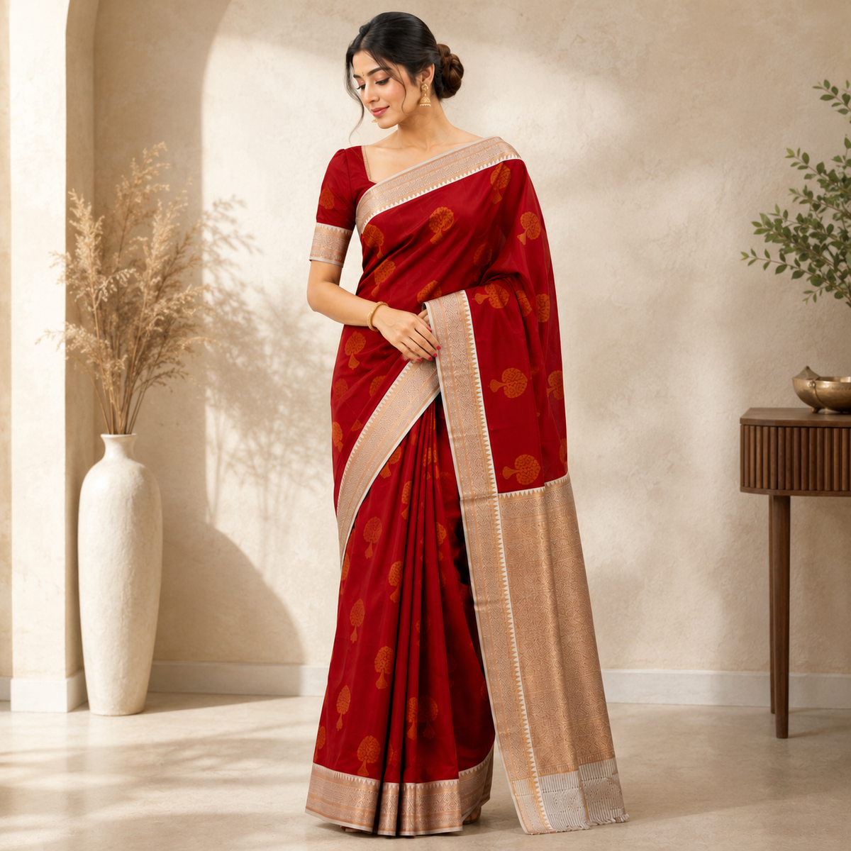 NAVILU Ayodya Kota Silk – Red with Cream Copper Zari