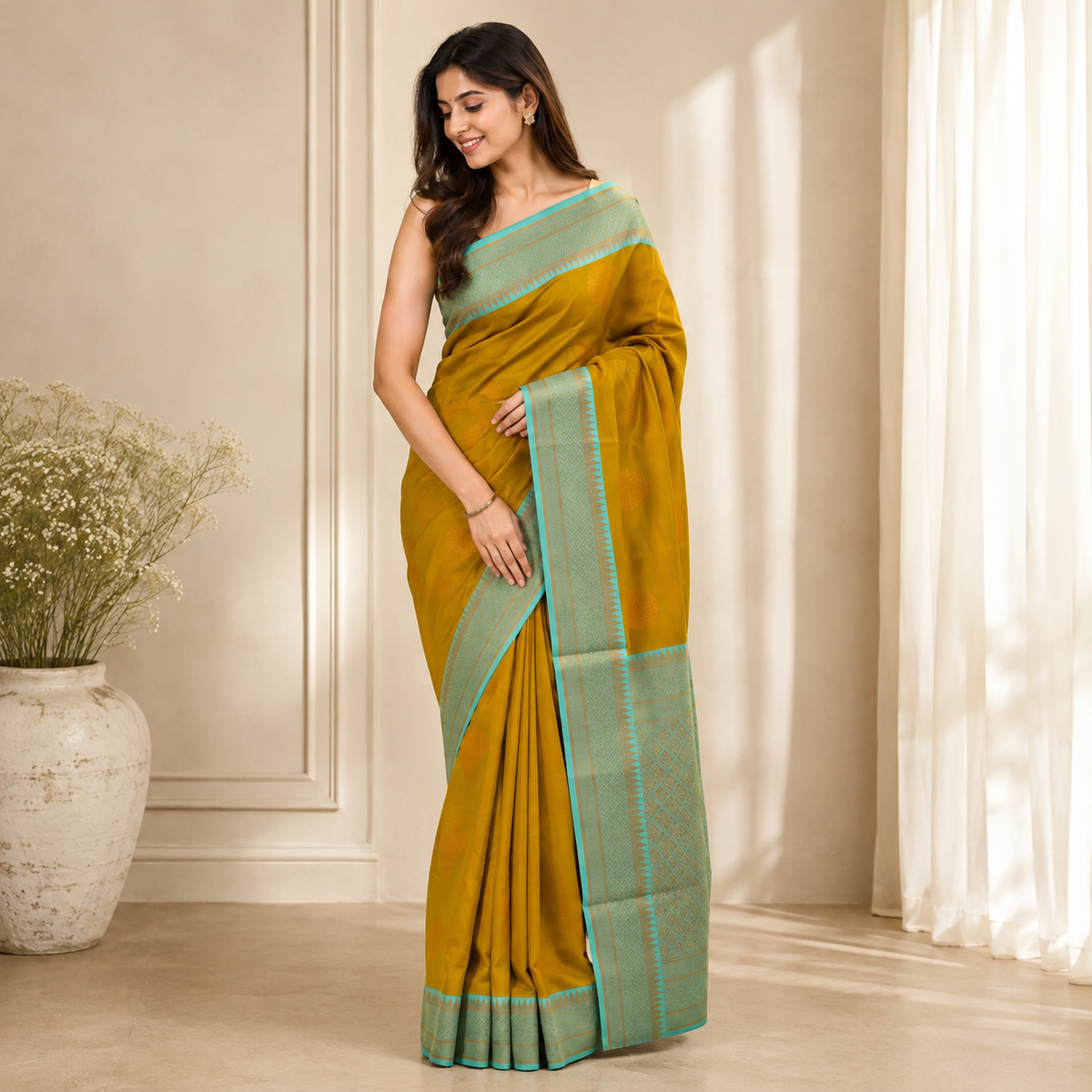 NAVILU Ayodya Kota Silk – Mustard yellow with Rexona Copper Zari
