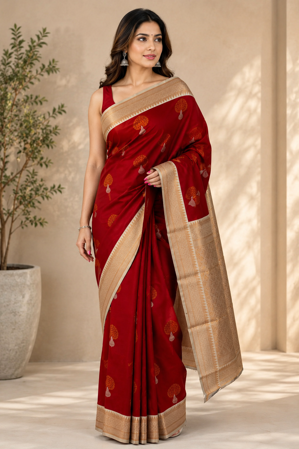 NAVILU Ayodya Kota Silk – Red with Cream Copper Zari