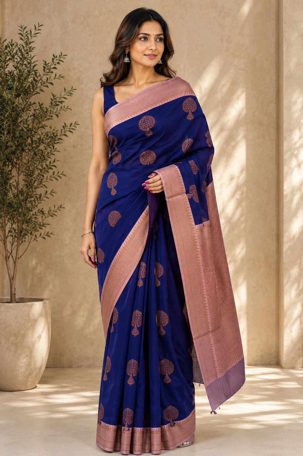 NAVILU Ayodya Kota Silk – Navy Blue with Baby pink Copper Zari