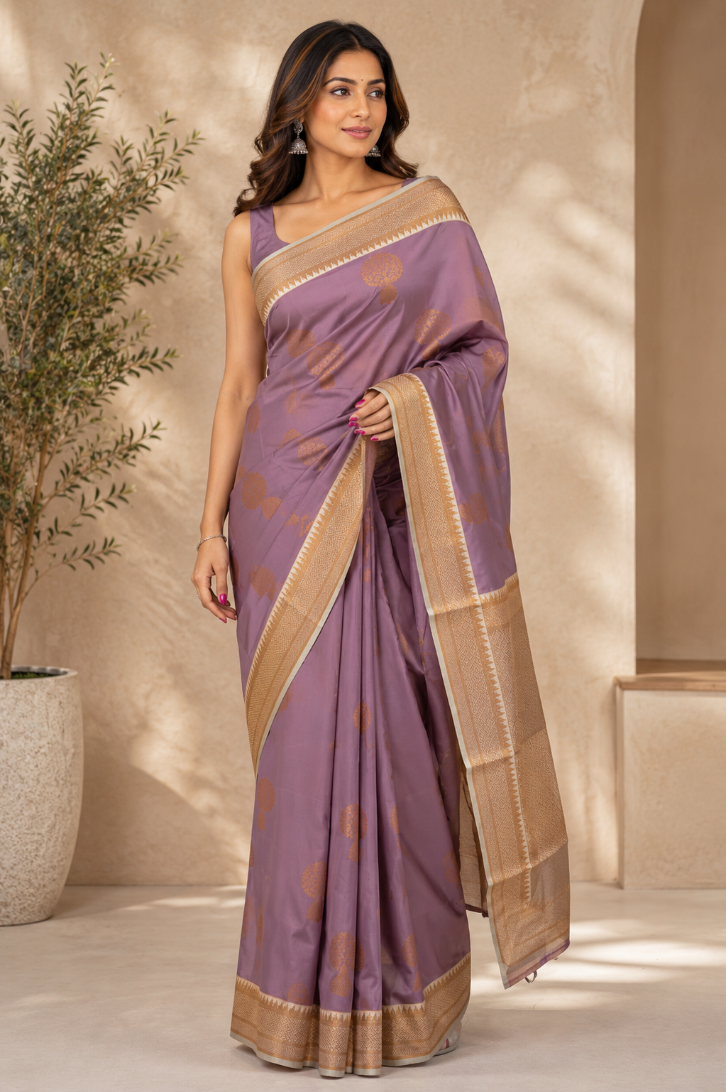 NAVILU Ayodya Kota Silk – Pink with Cream Copper Zari
