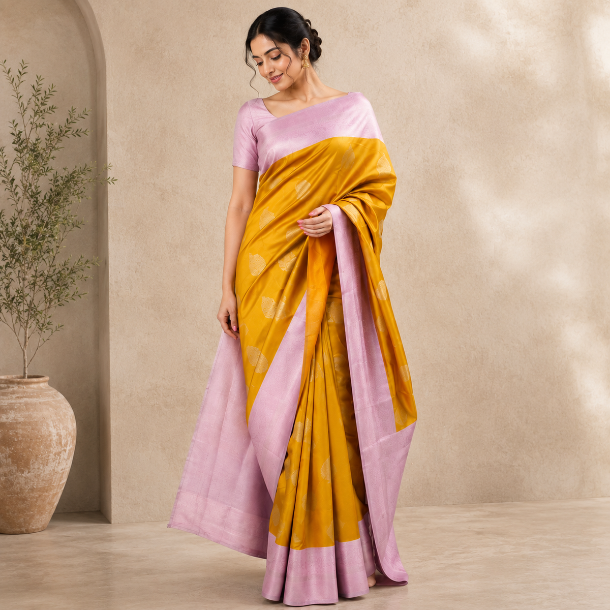 TARA Ayodya Kota Silk – Mustard Pink with Silver Zari