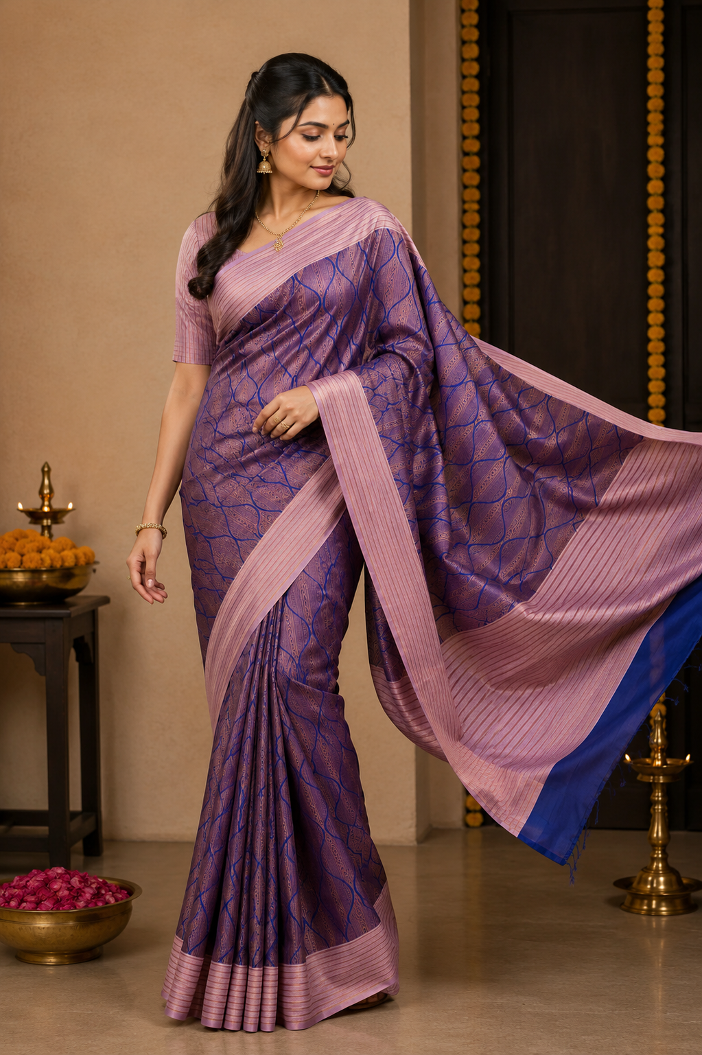 TARINI Ayodya Kota Silk – Blue with Baby pink with Copper Zari