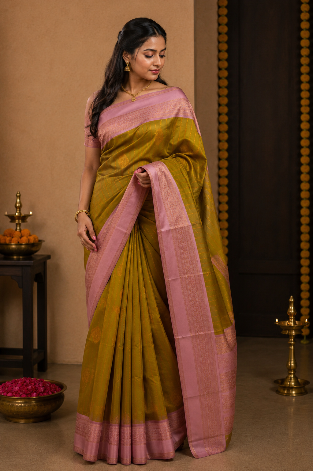 RANI Ayodya Kota Silk – Mustard yellow with Pink Copper Zari