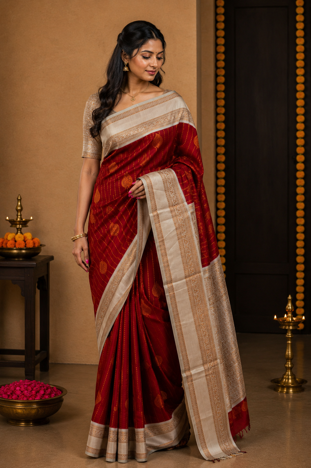 RANI Ayodya Kota Silk – Red with White Copper Zari