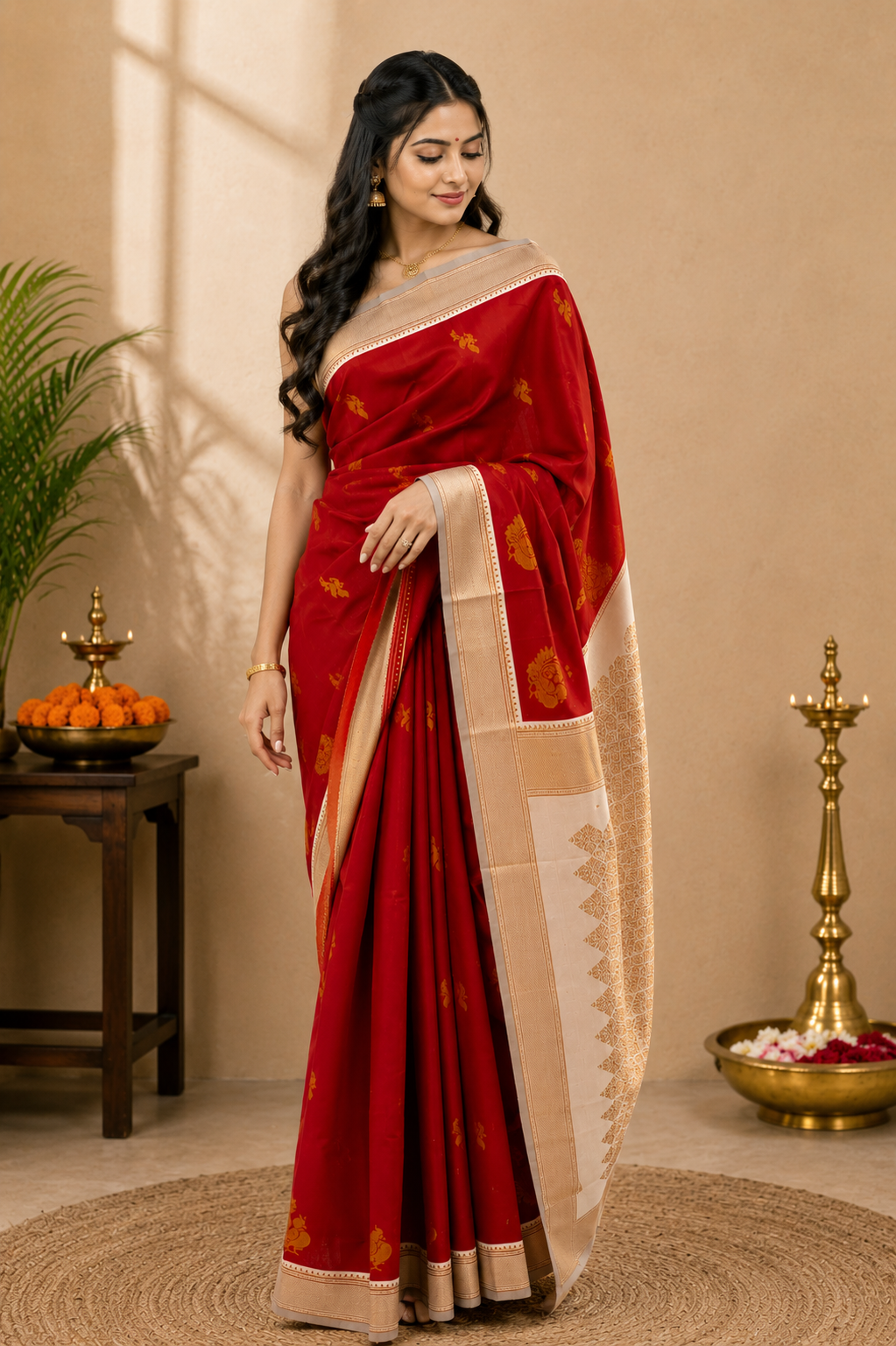 HAMSA Ayodya Kota Silk – Red with White Copper Zari
