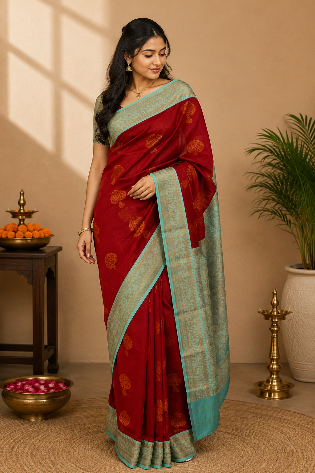 NAVILU Ayodya Kota Silk – Red with Rexona Copper Zari