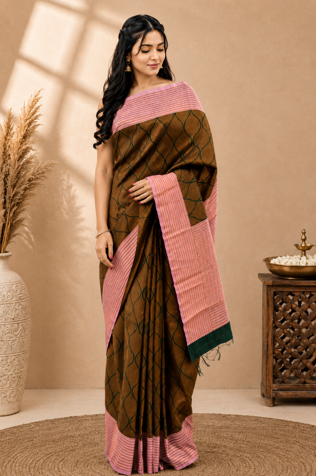 TARINI Ayodya Kota Silk – Green with Pink with Copper Zari