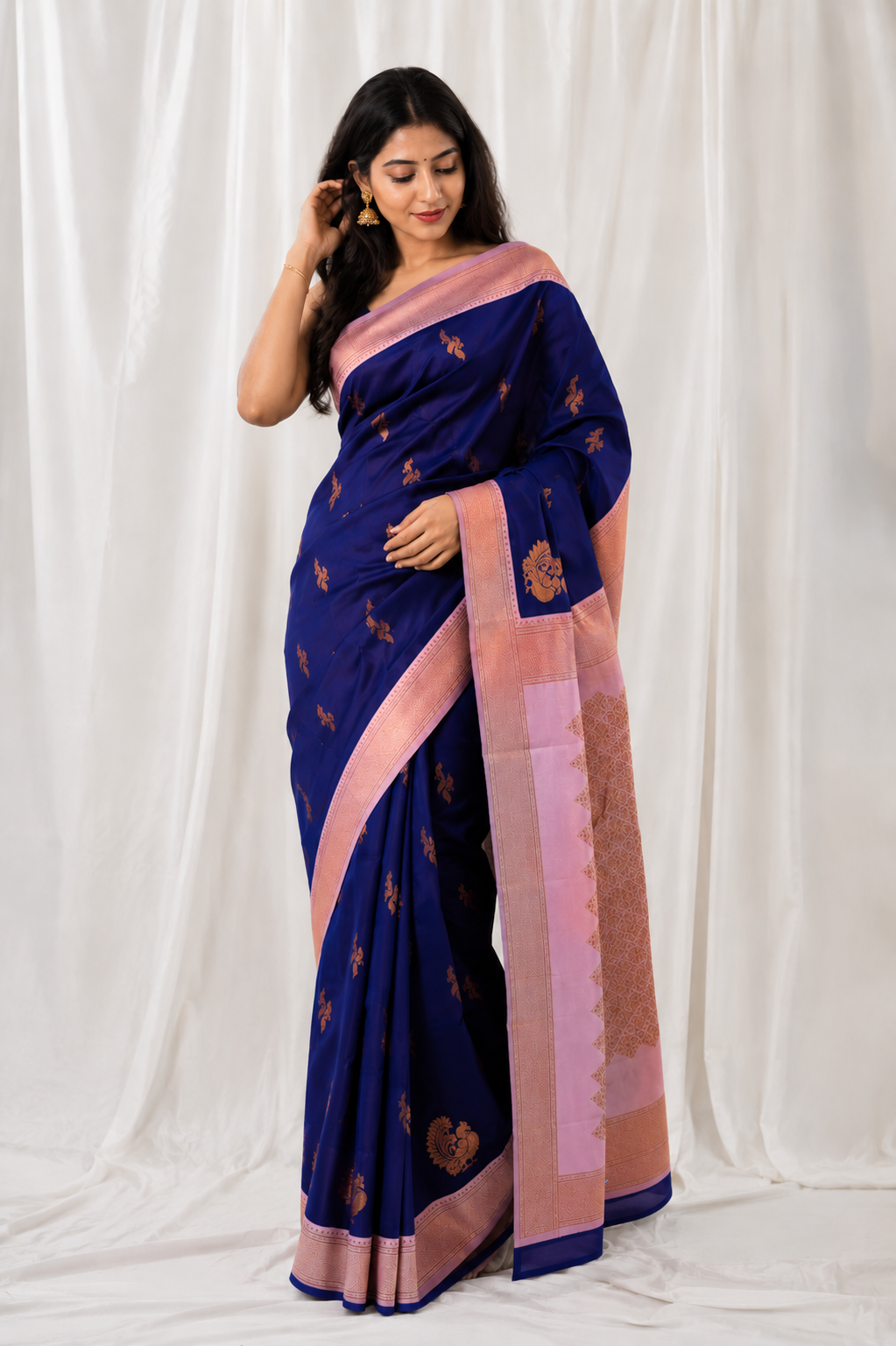 HAMSA Ayodya Kota Silk – Blue with Pink Copper Zari
