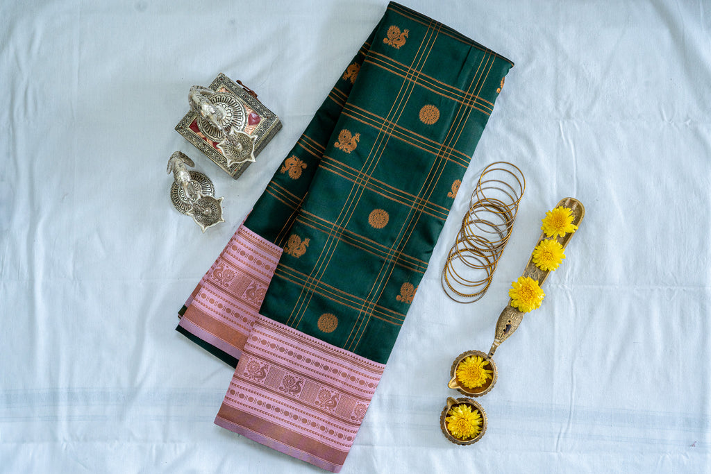 RANI Ayodya Kota Silk – Green with Pink Copper Zari