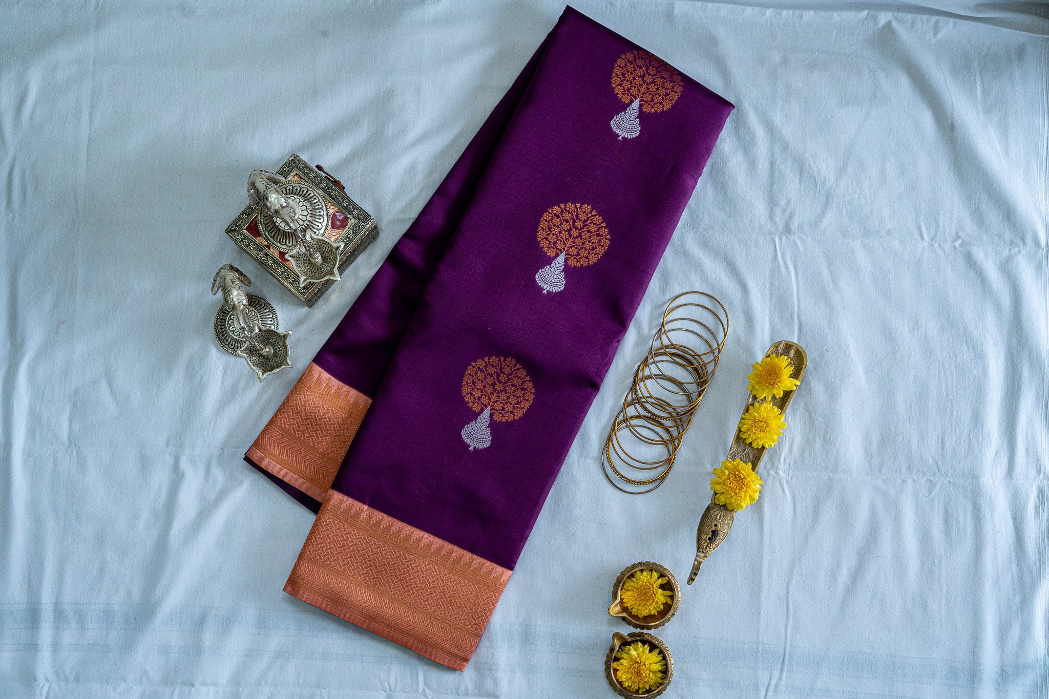 NAVILU Ayodya Kota Silk – Purple with Gold with Copper Zari