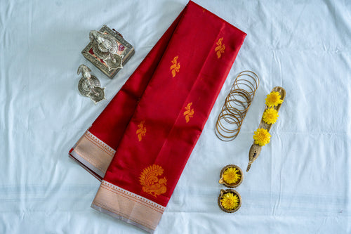 HAMSA Ayodya Kota Silk – Red with White Copper Zari