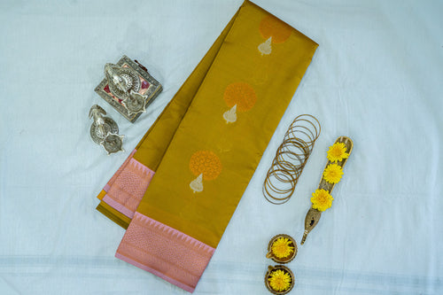 NAVILU Ayodya Kota Silk – Mustard with Pink Copper Zari