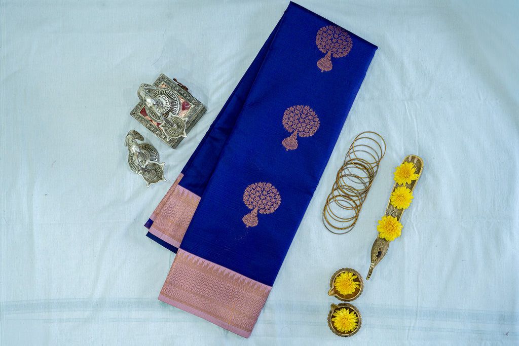 NAVILU Ayodya Kota Silk – Navy Blue with Baby pink Copper Zari