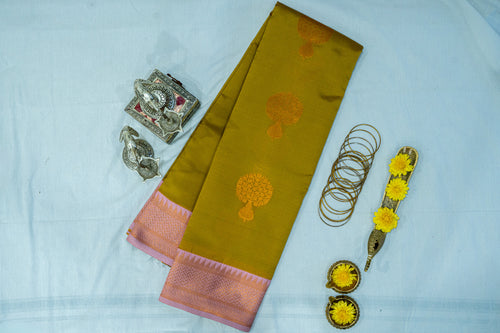 NAVILU Ayodya Kota Silk – Mustard yellow with Pink Copper Zari