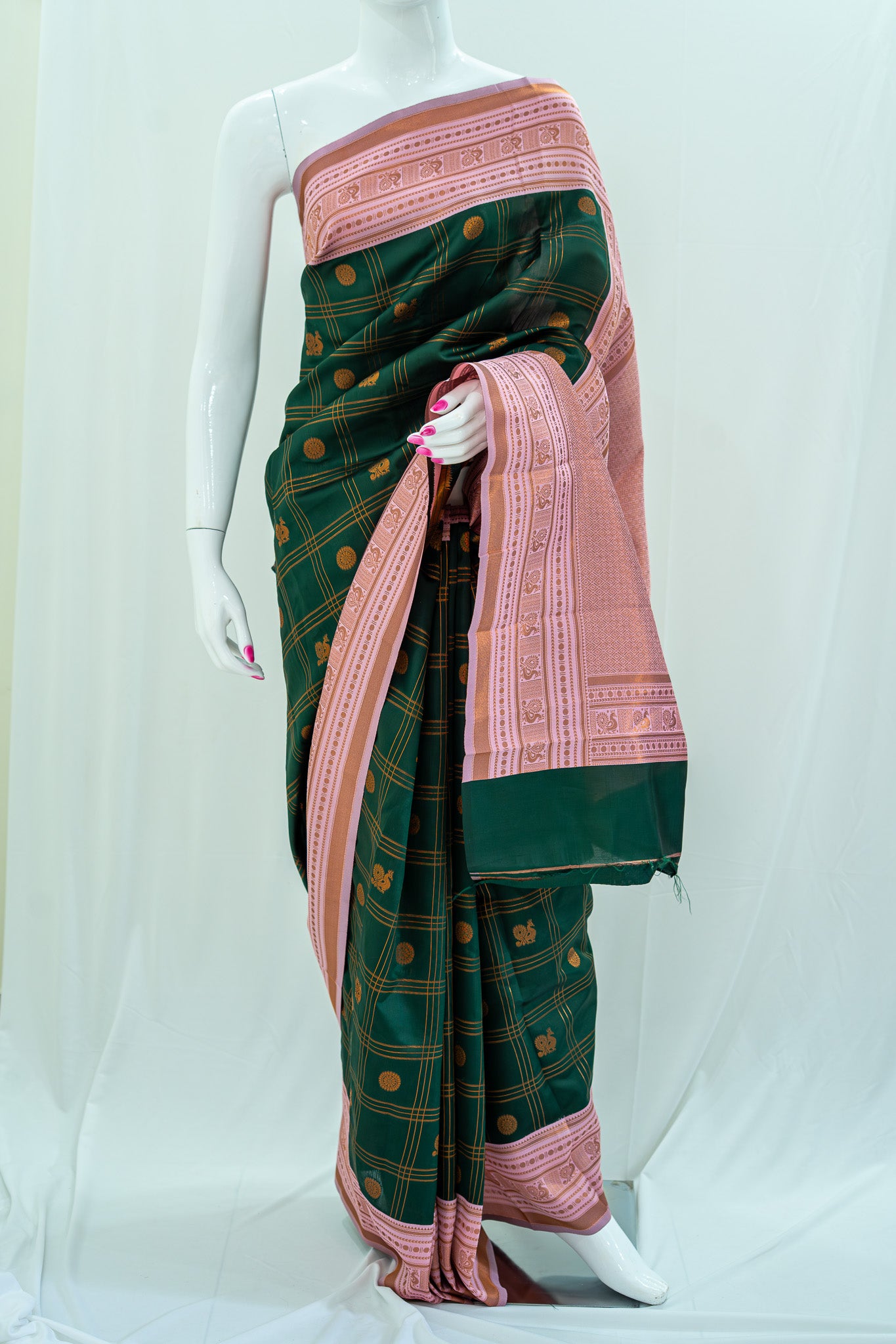 RANI Ayodya Kota Silk – Green with Pink Copper Zari