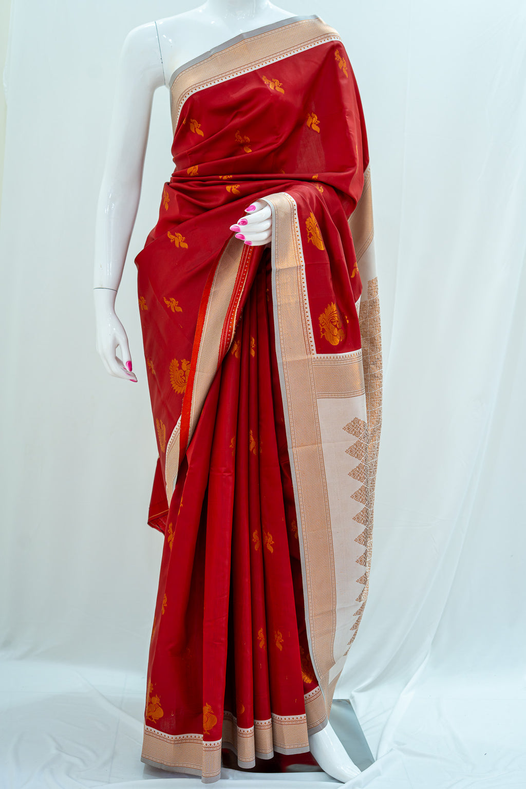 HAMSA Ayodya Kota Silk – Red with White Copper Zari