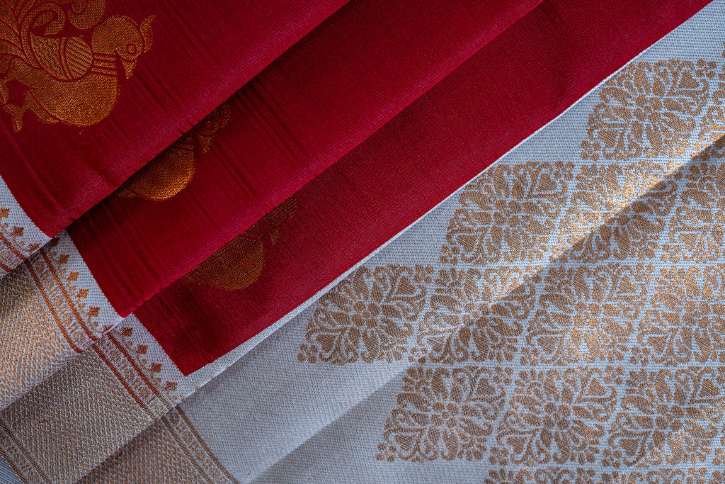 HAMSA Ayodya Kota Silk – Red with White Copper Zari