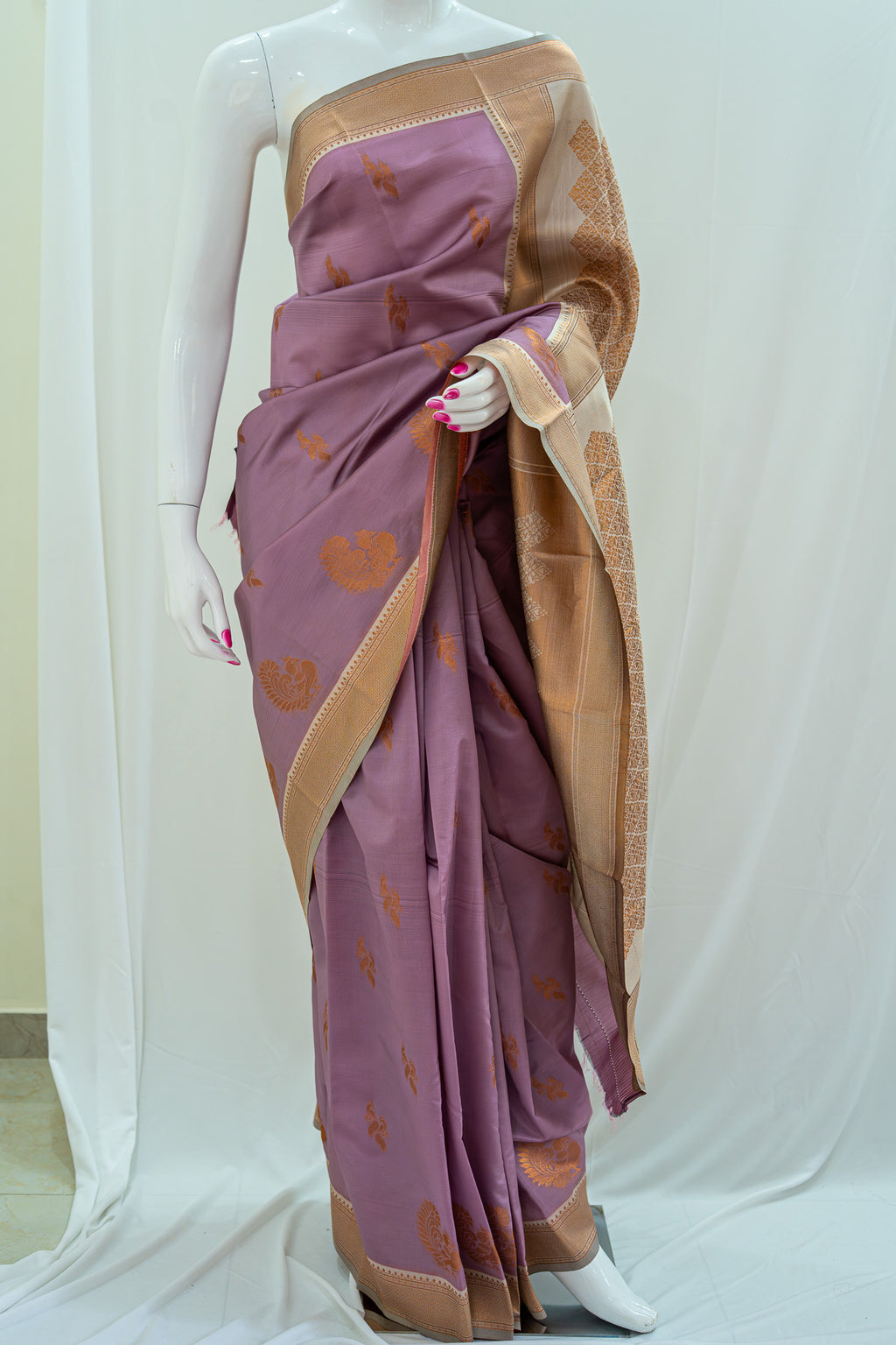 HAMSA Ayodya Kota Silk – Pink with White Copper Zari