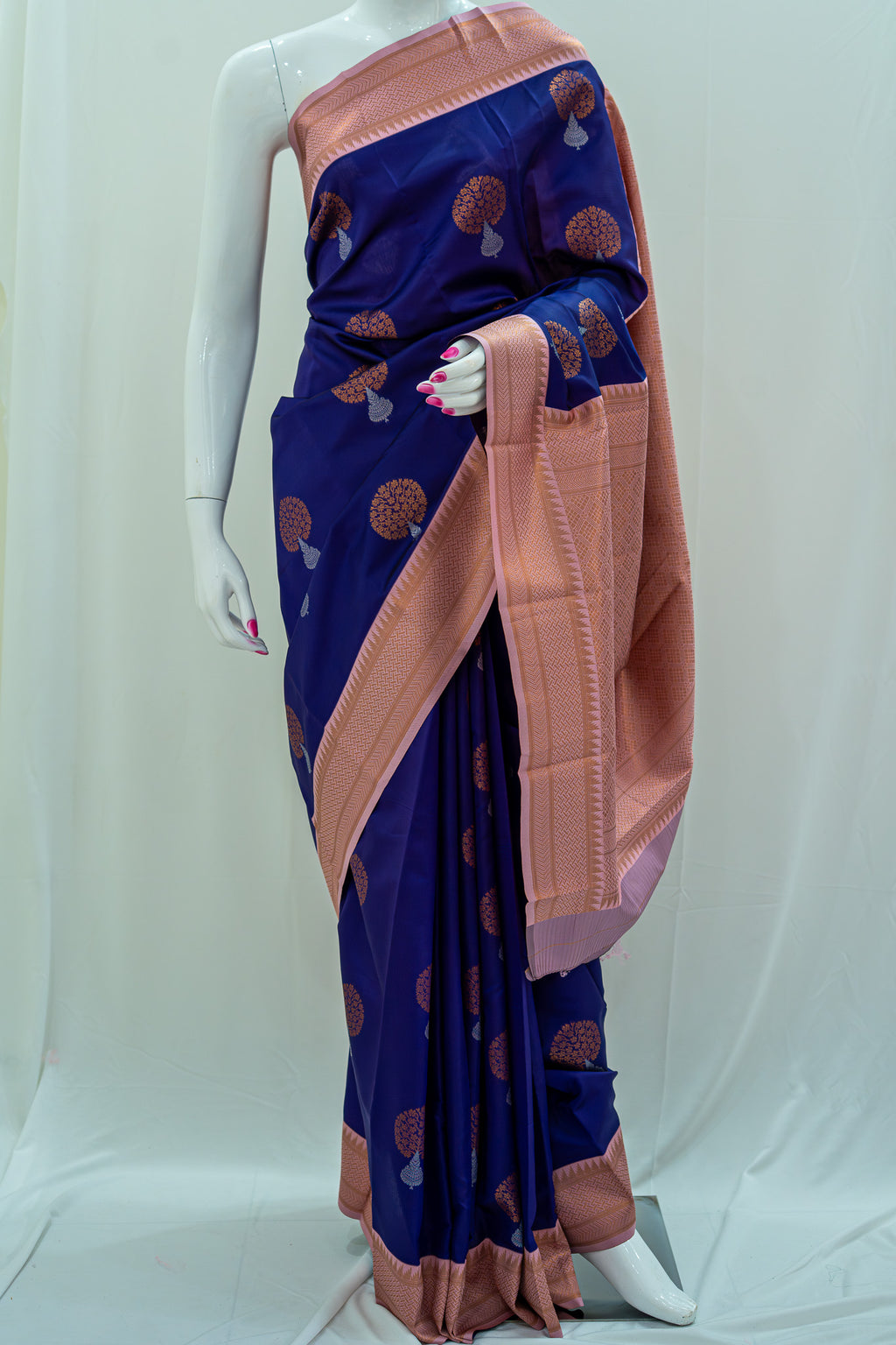 NAVILU Ayodya Kota Silk – Blue with Pink Copper Zari