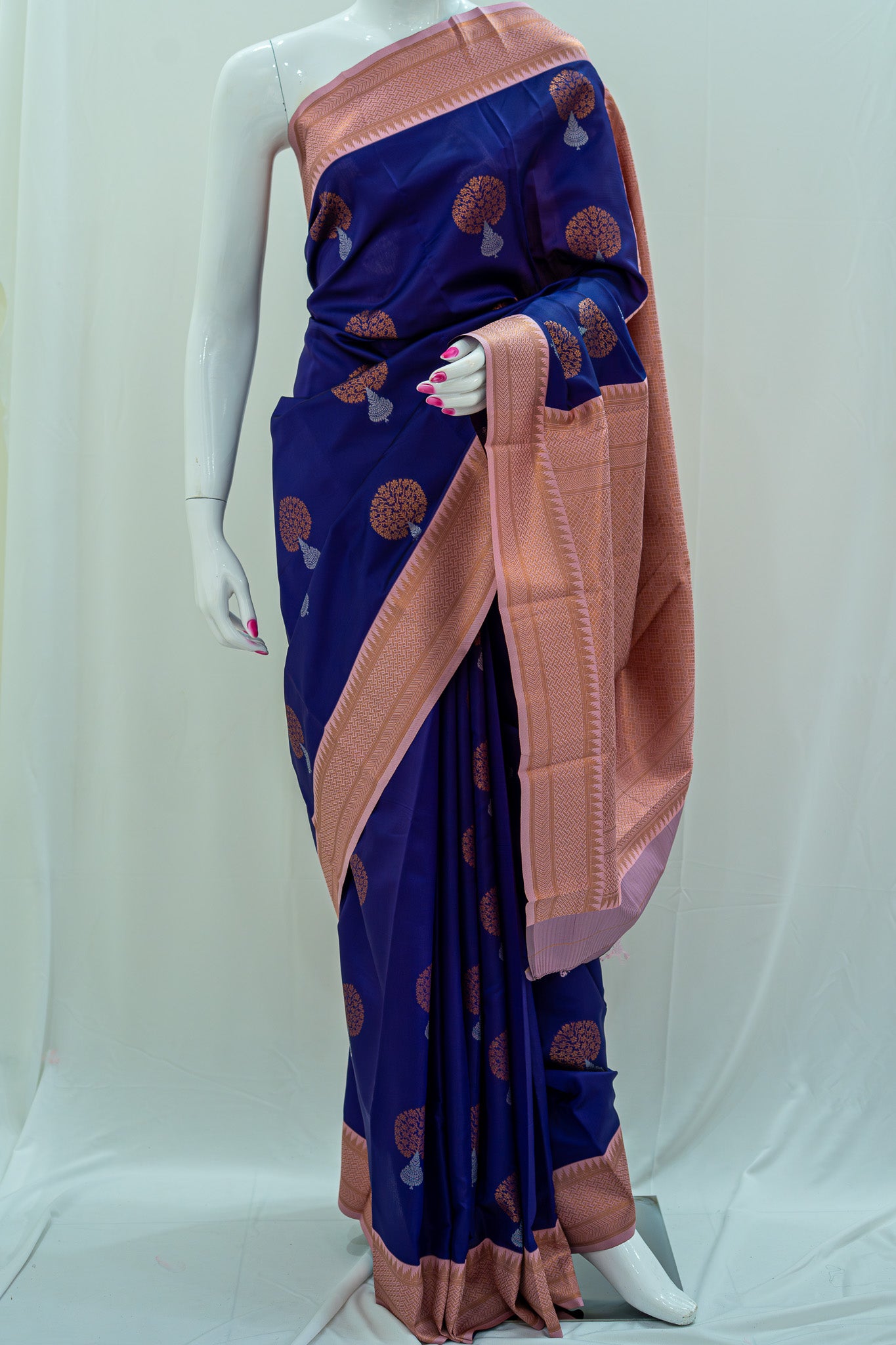NAVILU Ayodya Kota Silk – Blue with Pink Copper Zari