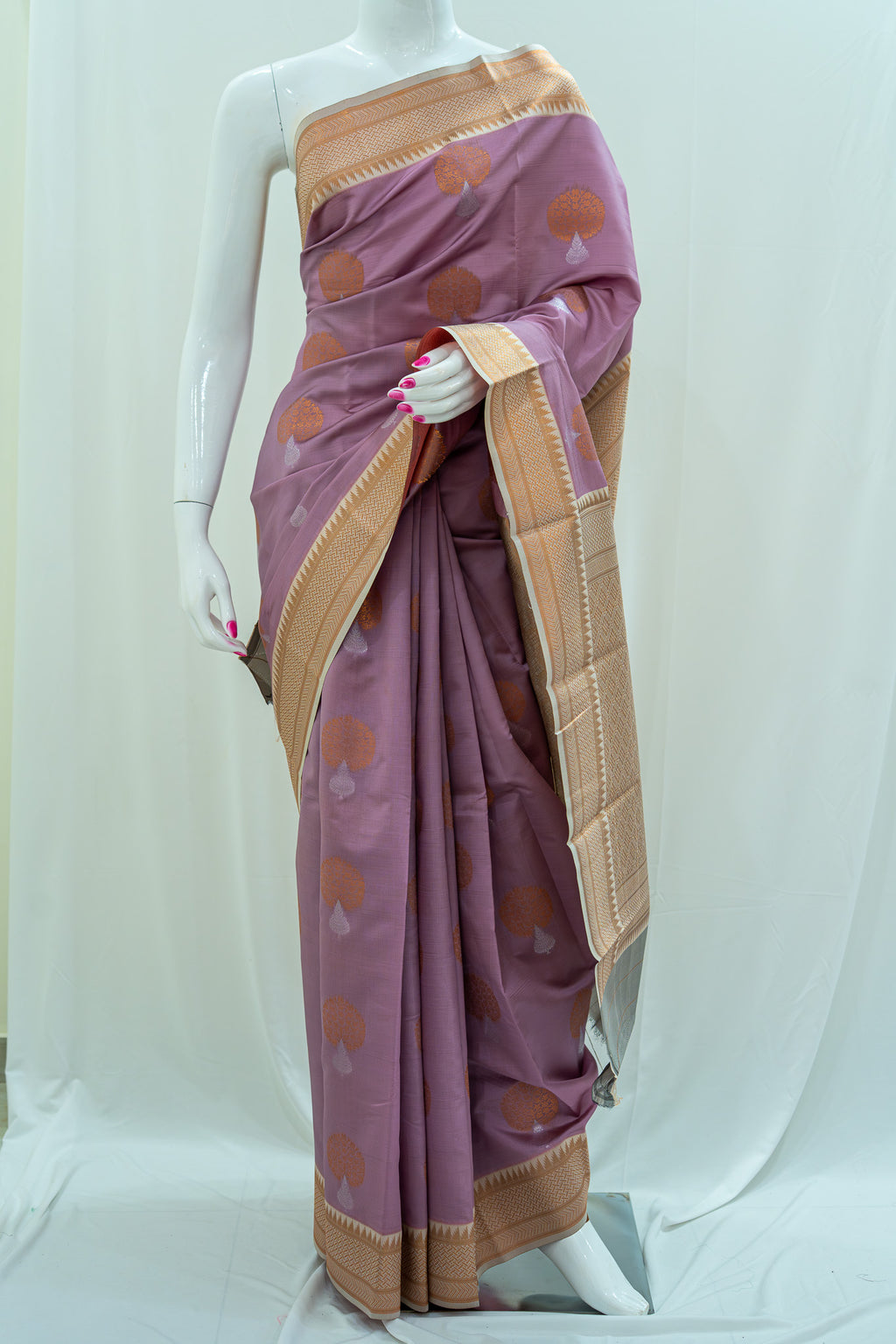 NAVILU Ayodya Kota Silk – Pink with White Copper Zari