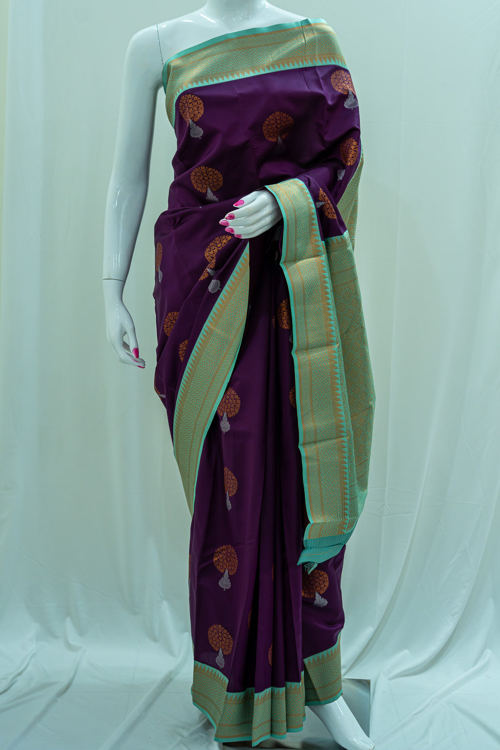 NAVILU Ayodya Kota Silk – Violet with pink Copper Zari