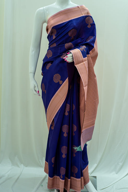 NAVILU Ayodya Kota Silk – Navy Blue with Baby pink Copper Zari