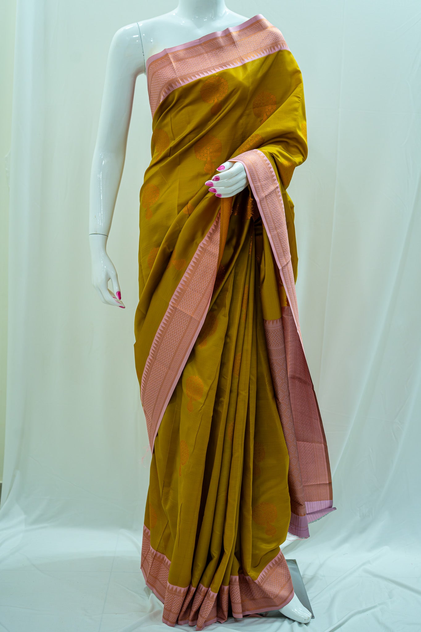 NAVILU Ayodya Kota Silk – Mustard yellow with Pink Copper Zari