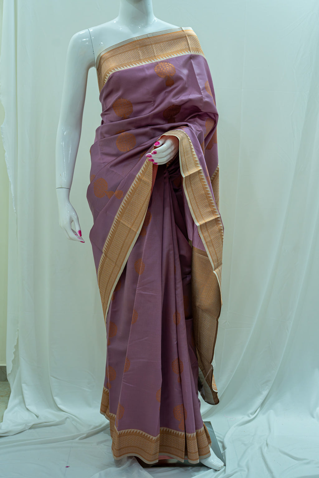 NAVILU Ayodya Kota Silk – Pink with Cream Copper Zari