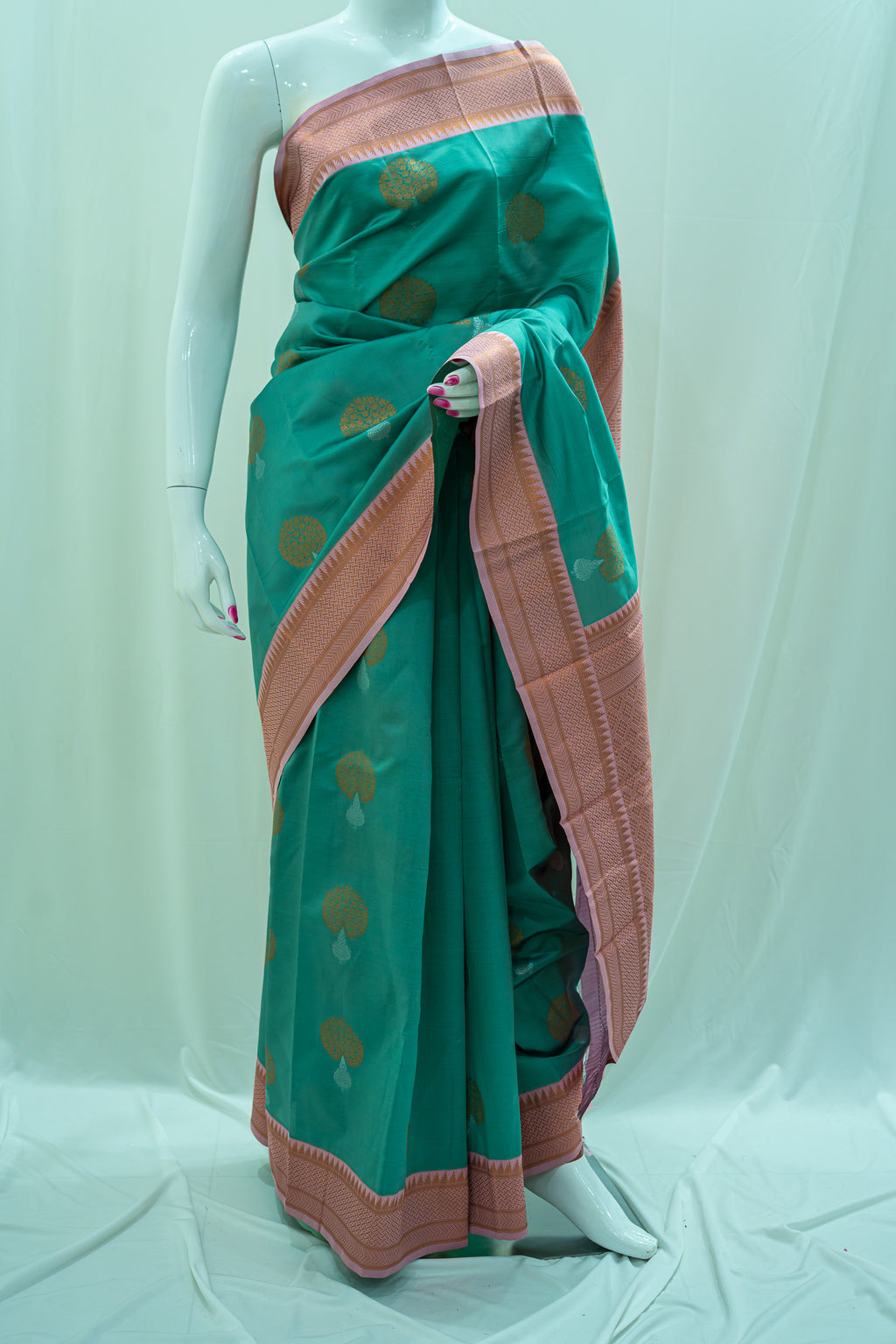 NAVILU Ayodya Kota Silk – Blue with Baby pink with Copper Zari