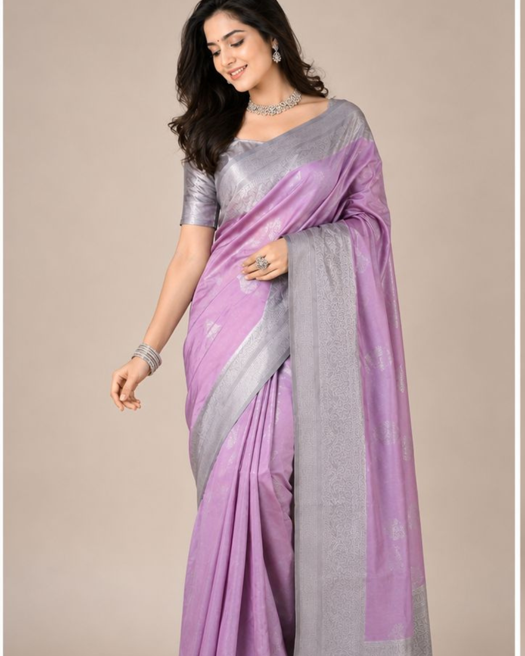 TARA Ayodya Kota Silk – Baby Pink White with Silver Zari