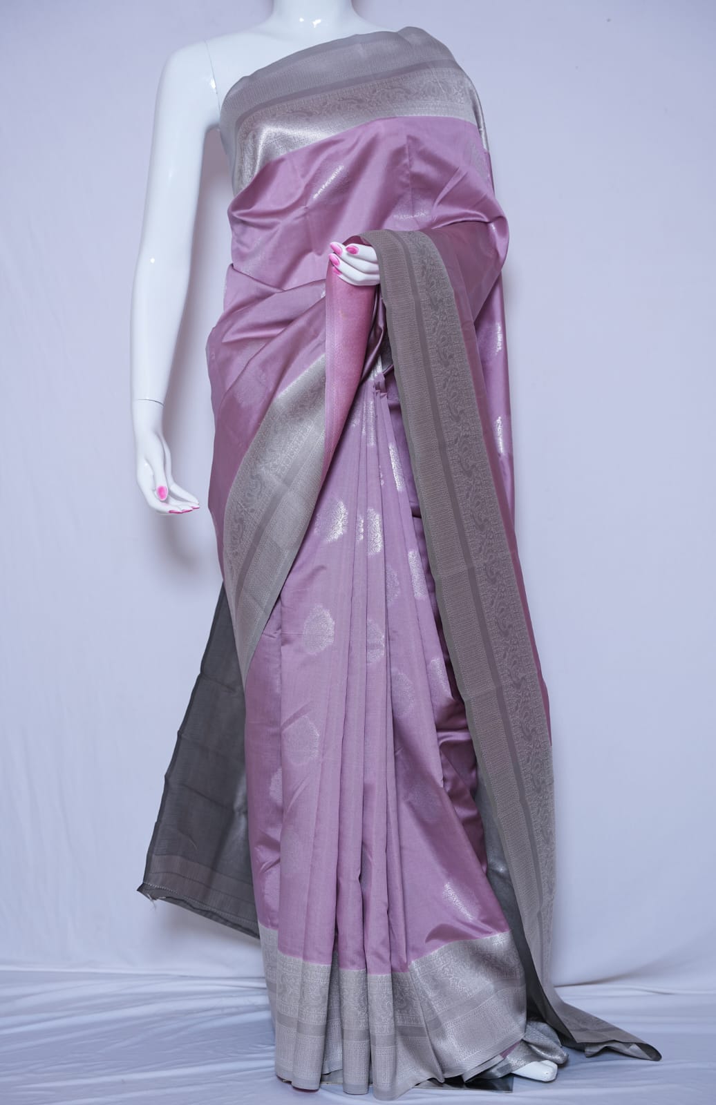 TARA Ayodya Kota Silk – Baby Pink White with Silver Zari